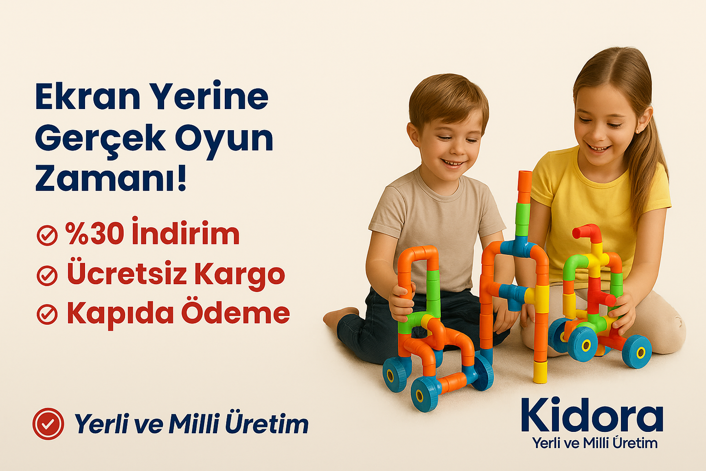 Kidora® Tekerlekli Boru Lego – 72 Parça | Yerli ve Milli Yapı Seti